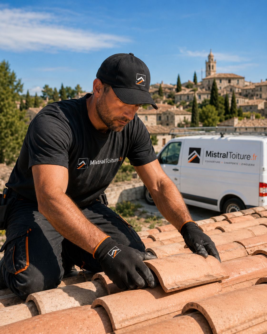 Couvreur intervenant sur une toiture en Provence